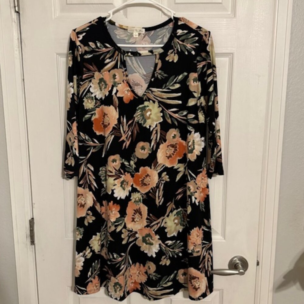 Mine Britton/Nine Britton Womens Quarter Sleeve Black Floral Shift Dress, Size M